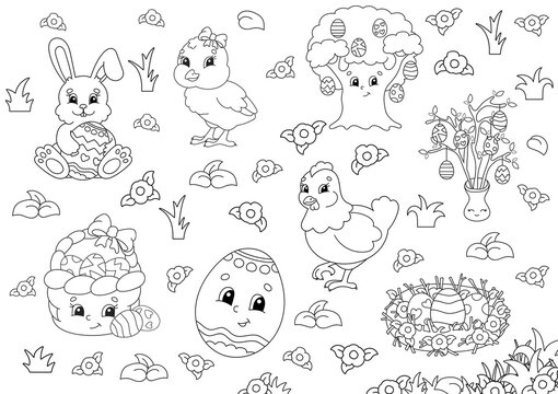 Coloring book for kids. Easter clipart. Cheerful characters. Vector illustration. Cute cartoon style. Black contour silhouette. Isolated on white background.
