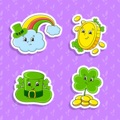 Set of bright color stickers for kids. St. Patrick's day. Cute cartoon characters. Vector illustration isolated on color background.