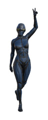 Illustration of a woman wearing a blue skintight outfit with a full face mask and eye sensors with fingers in the air doing a victory sign while isolated on a white background.