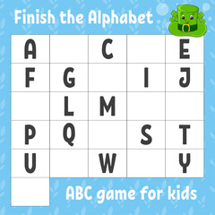 Finish the alphabet. ABC game for kids. Education developing worksheet. Learning game for kids. Color activity page.