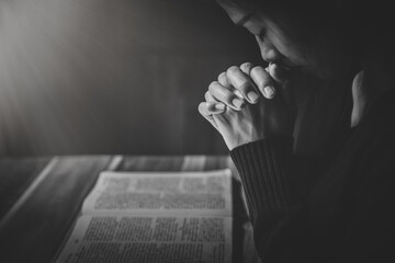 woman hands praying to god with the bible. Woman Pray for god blessing. Religious beliefs Christian life crisis prayer to god. - obrazy, fototapety, plakaty