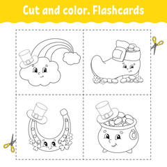 Cut and color. Flashcard Set. Coloring book for kids. Cute cartoon character. Black contour silhouette. St. Patrick's day. Isolated on white background.