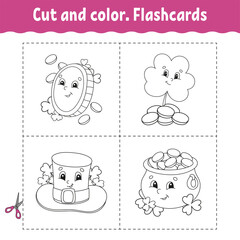Cut and color. Flashcard Set. Coloring book for kids. Cute cartoon character. Black contour silhouette. St. Patrick's day. Isolated on white background.