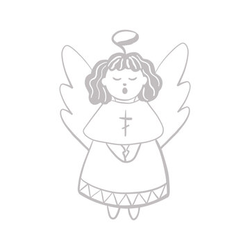 Cute angel doodle vector, singing angel with wings. Hand-drawn in cartoon style, isolated on white background