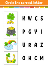Circle the correct letter. Education developing worksheet. Learning game for kids. St. Patrick's day. Color activity page. Cartoon character.