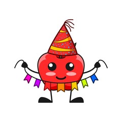 vector illustration of cute apple fruit birthday or character holding color ribbon. cute apple fruit Concept White Isolated. Flat Cartoon Style Suitable for Landing Page, Banner, Flyer, Sticker.