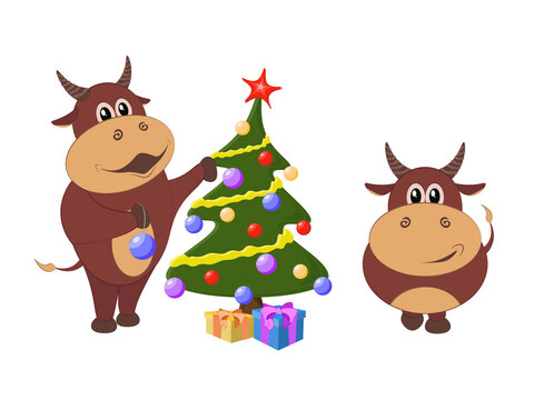 Merry Christmas and happy new year 2021. The year of the ox. Chinese New Year, cartoon buffalo. Concept image of symbol Chinese new year 2021.