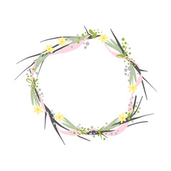 Beautiful spring wreath with yellow flowers and branches, with a pink ribbon. Doodle vector. Hand-drawn in cartoon style, isolated on white background.