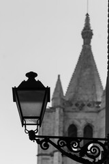 Street lighting with the bell tower of the Cathedral at Leon, Spain