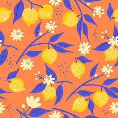 Fototapeta na wymiar Seamless pattern with lemons on an orange background. Vector graphics.