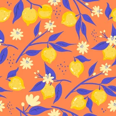 Fotobehang Oranje Naadloos patroon met citroenen op een oranje achtergrond. Vectorafbeeldingen.