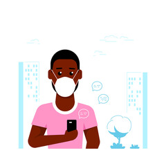 Black Man with Smartphone Wearing Face Mask in the City