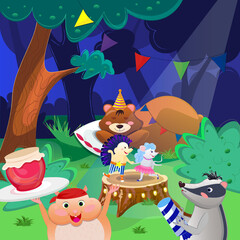 Cartoon illustration with animals including bear, hedgehog, mouse, hamster and badger celebrating birthday. Vector illustration.