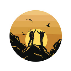 silhouette people hiking, people illustration, outdoor adventure . Vector graphic for t shirt and other uses.