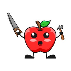vector illustration of cute apple fruit service or character holding saw hammer. cute apple fruit Concept White Isolated. Flat Cartoon Style Suitable for Landing Page, Banner, Flyer, Sticker.