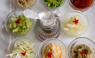 Southern Thai style fruits and vegetables salad or Khao Yam placed on fine crystal wares.