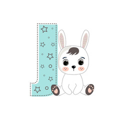 Letter J  and a cute cartoon rabbit. Perfect for greeting cards, party invitations, posters, stickers, pin, scrapbooking, icons. Fashion style
