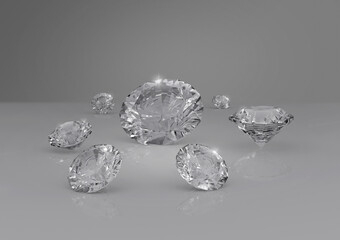Group of dazzling diamond on gray background. 3D render
