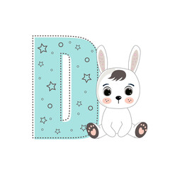 Letter D and a cute cartoon rabbit. Perfect for greeting cards, party invitations, posters, stickers, pin, scrapbooking, icons. Fashion style