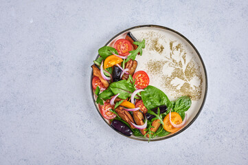 Homemade styling salad with fried eggplants, tomatoes, arugula, spinach, lettuce and sauce on a ceramic plate on light background, top view, copy space