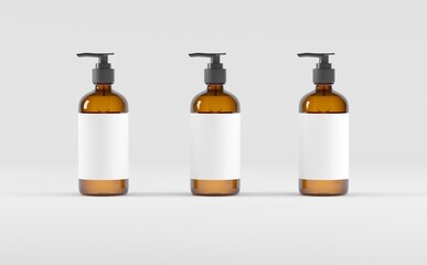 Amber Glass Bottle- Cosmetic - Soap Dispenser- Pump - Mockup 3D illustration