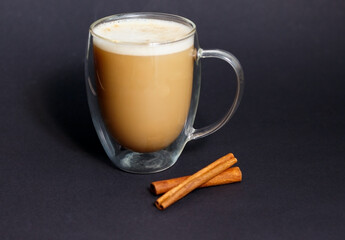 Hot coffee cappuccino latte  on dark  background