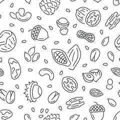 Seamless pattern with nuts. Black and white thin line icons