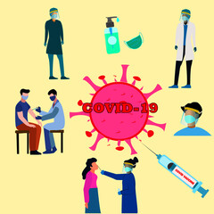 Covid-19 prevention and vaccination by health workers and doctors giving vaccine, taking covid samples and wearing masks