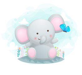 Cute little elephant playing with butterfly