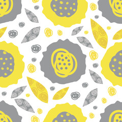 Vector scribbled abstract flowers and textured leaves. Seamless duotone pattern background. Hand drawn scattered yellow and grey florals on white backdrop. Fun design. Modern botanical repeat