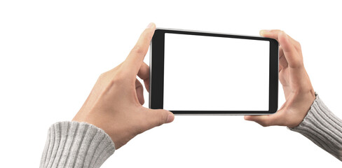 Hands holding  tablet touch computer gadget with  screen