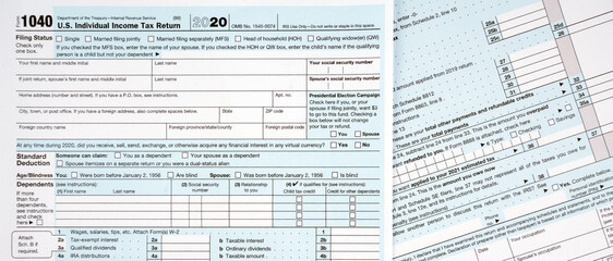 us individual income tax return 1040 form for 2020 in panorama format.