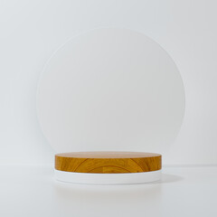 Product showcase platform with wood cylinder on white abstract shape background. 3D rendering of pedestal for product presentation. Pedestal with wood material
