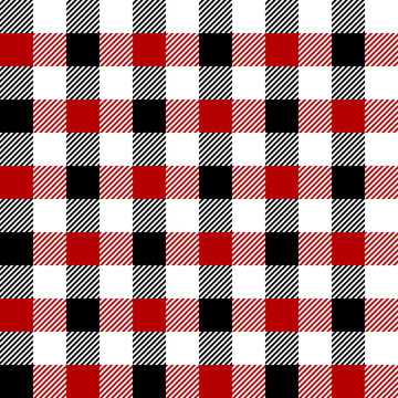 Gingham pattern in black, red, white. Seamless textured vichy check for dress, blanket, tablecloth, gift wrapping, or other modern fashion textile print.