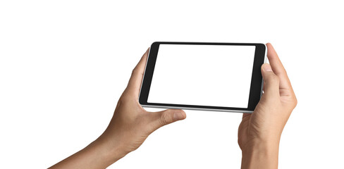 Hands holding  tablet touch computer gadget with  screen