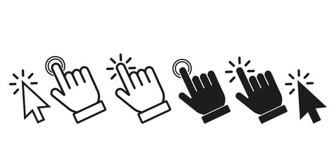 Click here the button with the hand and arrow icon. set of linear icons for websites