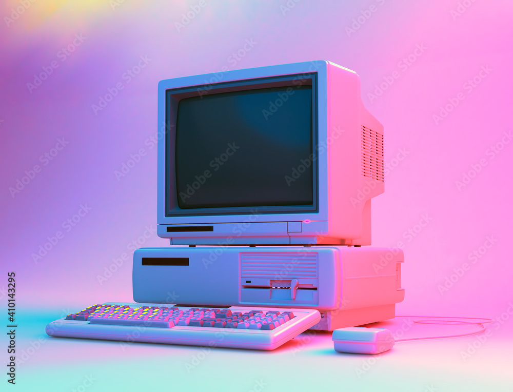 Poster vintage desktop pc with floppy drive, keyboard and mouse in neon lightning. 3d rendering.
