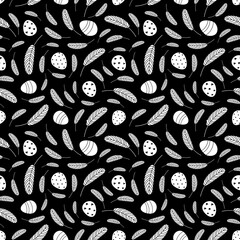 Easter eggs and feathers seamless pattern. Black and white Easter pattern in flat style.Design for textiles, packaging, wrappers. Vector illustration