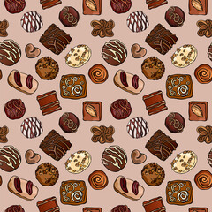 Assorted chocolate candies seamless vector pattern. Images of milk, white, bitter chocolate. Brown, beige and cream colors. Food illustration for gift wrapping, fashion textile print, wallpaper.