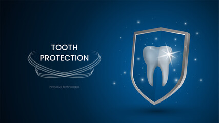 Snow white, sparkling tooth protects itself with a shield against dental diseases. Teeth protection concept for dental advertising on dark blue background. Realistic vector 3d model