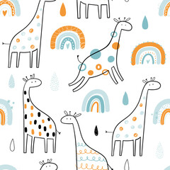 Vektor handgezeichnete farbige kindliche nahtlose wiederholendes einfaches Muster mit niedlichen Giraffen und Regenbögen im skandinavischen Stil auf weißem Hintergrund. Süße Tierbabys. Muster für Kinder mit Giraffen.