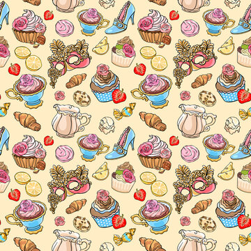 Rococo style cafe breakfast seamless vector pattern. Images of pastry, coffee, lemon, cupcake, cream, merenghi, mask and shoes. Fashion illustration for gift wrapping, textile print, wallpaper, menu.