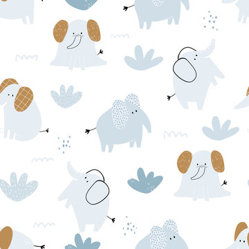 Vector hand-drawn colored childish seamless repeating simple flat pattern with cute elephants and in Scandinavian style on a white background. Cute baby animals. Pattern for kids.