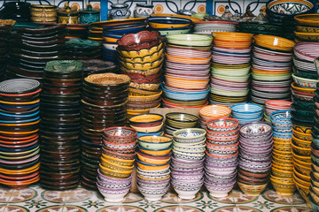 Bowls in Typical Colorful Moroccan Style, Essaouira, Morocco.