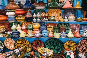 Moroccan Handicrafts In Countless Colours on Shelf for Sale, Essaouira, Morocco.