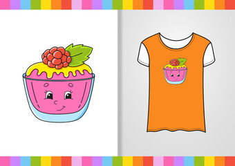 T-shirt design. Dishware theme. Cute character on shirt. Hand drawn. Colorful vector illustration. Cartoon style. Isolated on white background.