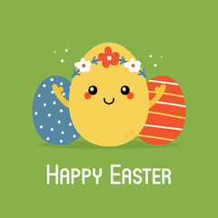 Happy Easter card, illustration with cute decorated easter egg character. Egg hunt game kids design.
