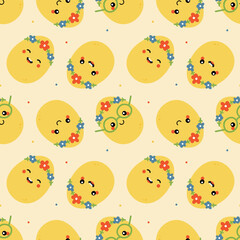 Cute cartoon style easter egg characters in floral wreath with dots vector seamless pattern background for Easter design.
