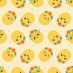 Fototapeta premium Cute cartoon style easter egg characters in floral wreath with dots vector seamless pattern background for Easter design. 