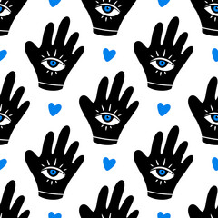 Decorated hand with blue eye symbol and heart vector seamless pattern background. Intuition, spirituality, esoteric concept.